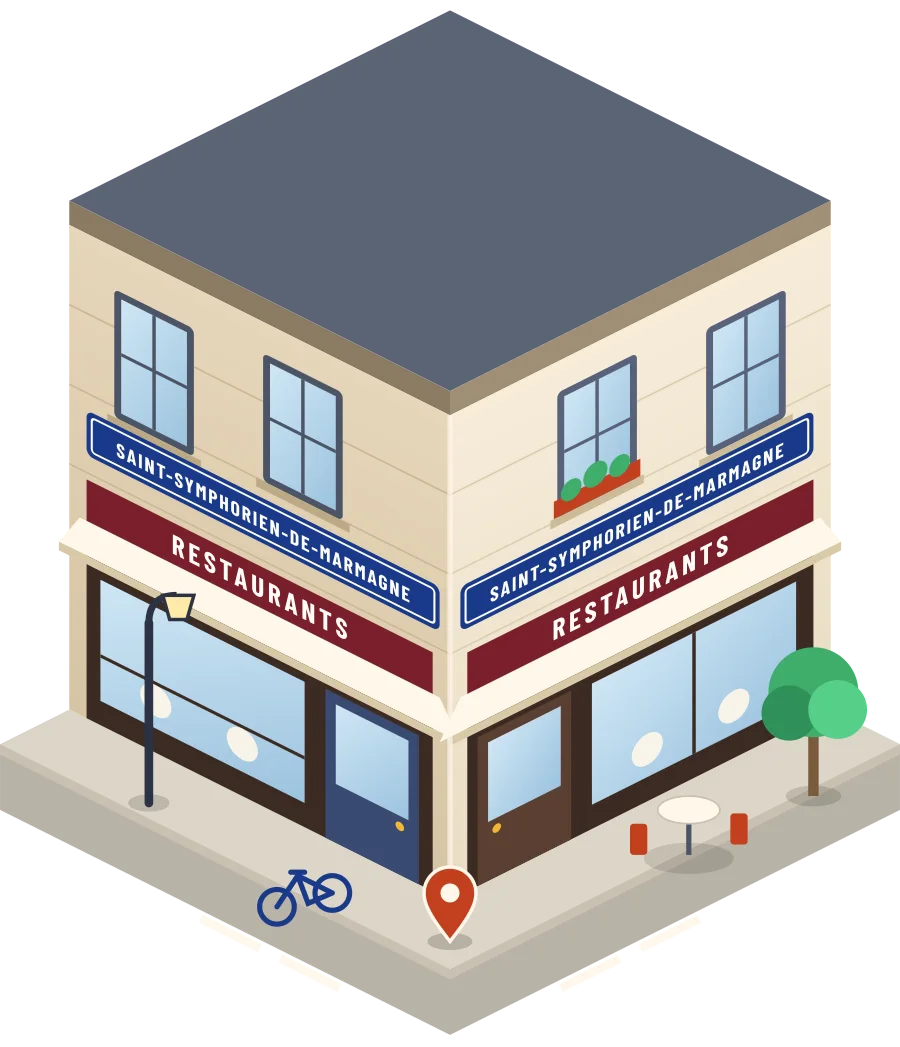 Illustration d'un coin de rue à Saint-Symphorien-de-Marmagne : deux devantures « Restaurants » à l'angle