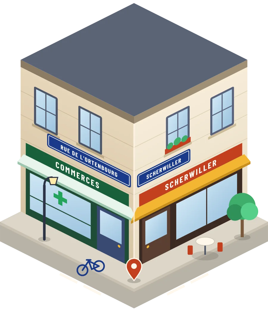 Illustration d'un coin de rue à Scherwiller, avec la plaque « rue de l'Ortenbourg »