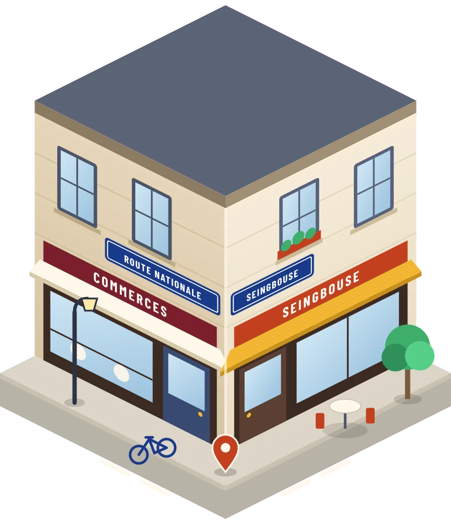 Illustration d'un coin de rue à Seingbouse, avec la plaque « route Nationale »
