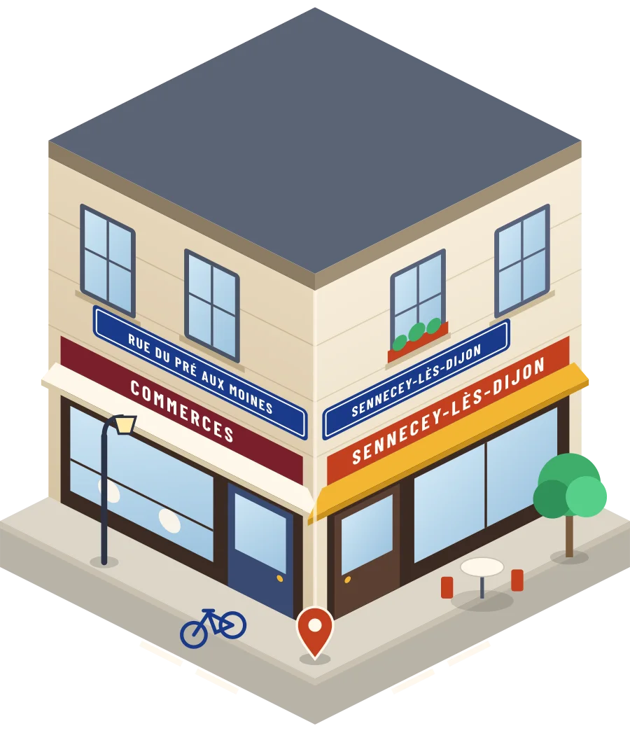 Illustration d'un coin de rue à Sennecey-lès-Dijon, avec la plaque « rue du Pré aux Moines »