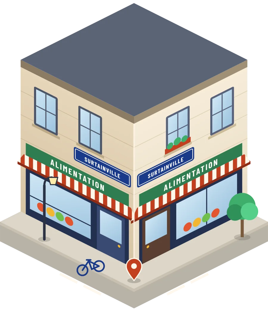 Illustration d'un coin de rue à Surtainville : deux devantures « Alimentation » à l'angle