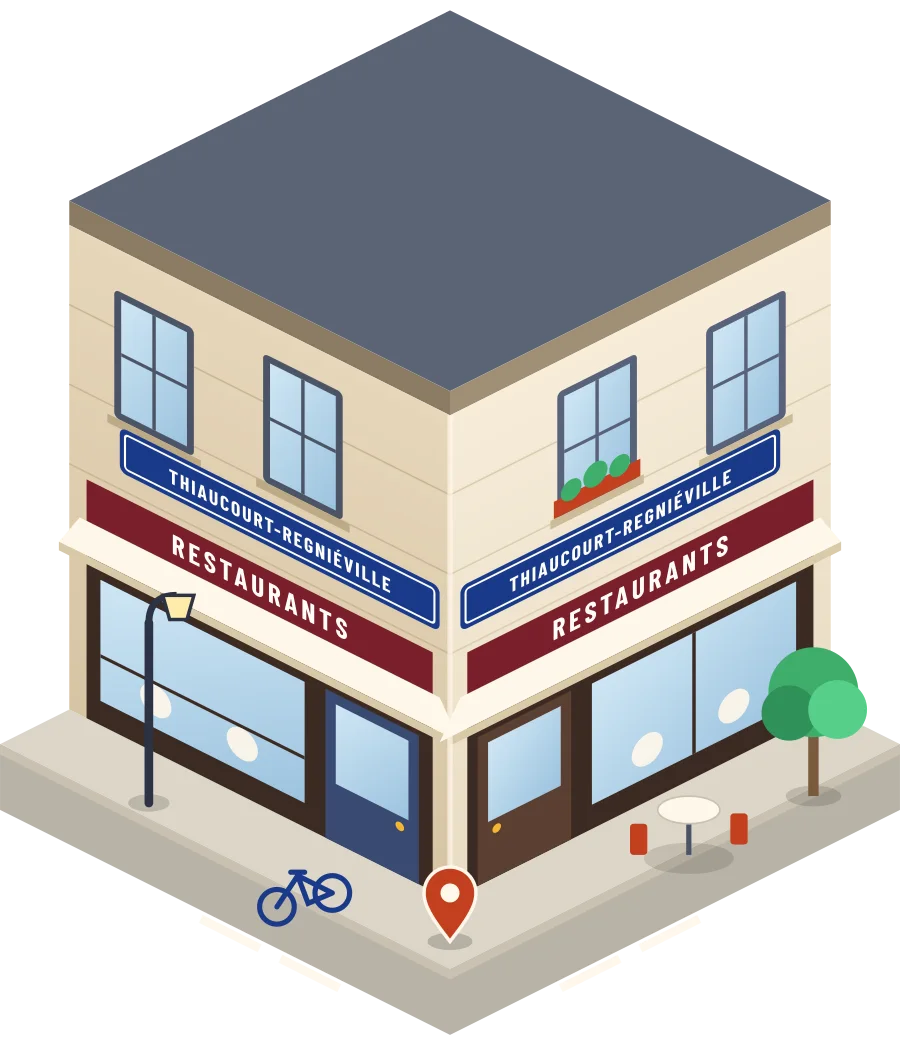 Illustration d'un coin de rue à Thiaucourt-Regniéville : deux devantures « Restaurants » à l'angle