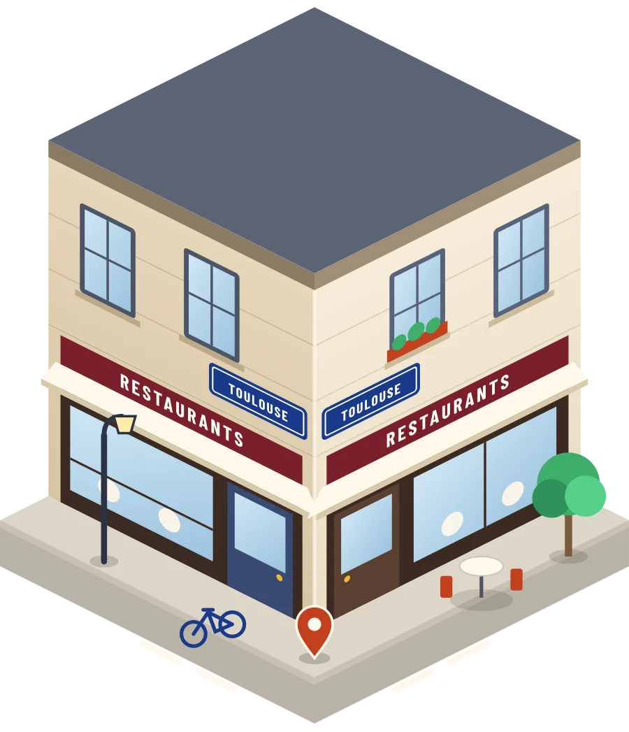 Illustration d'un coin de rue à Toulouse : deux devantures « Restaurants » à l'angle