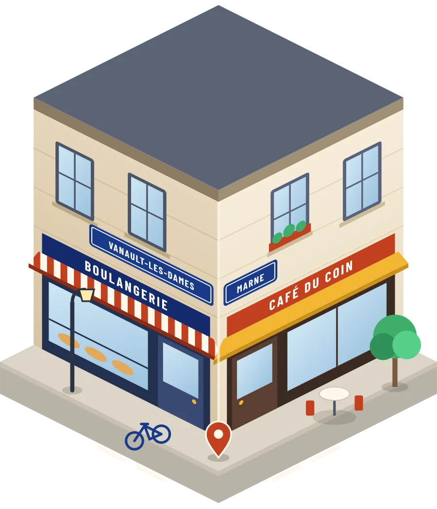Illustration d'un coin de rue à Vanault-les-Dames : une boulangerie et un café à l'angle, plaques « Vanault-les-Dames » et « Marne »