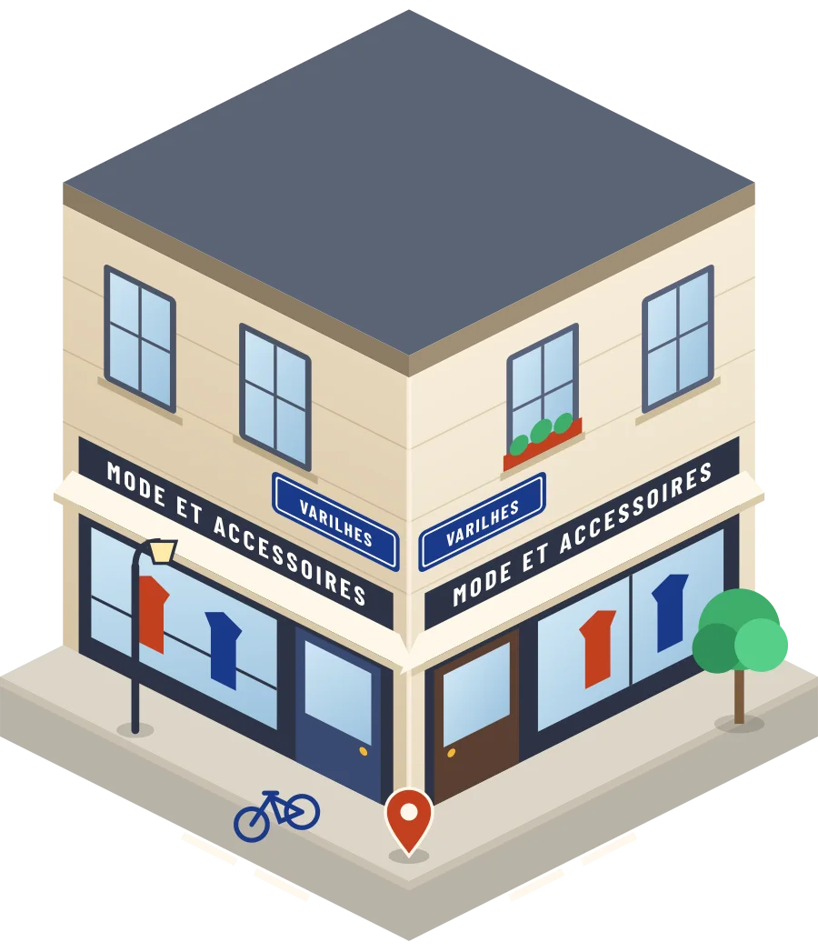 Illustration d'un coin de rue à Varilhes : deux devantures « Mode et accessoires » à l'angle