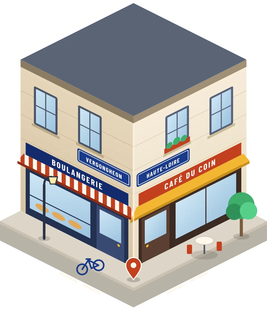 Illustration d'un coin de rue à Vergongheon : une boulangerie et un café à l'angle, plaques « Vergongheon » et « Haute-Loire »