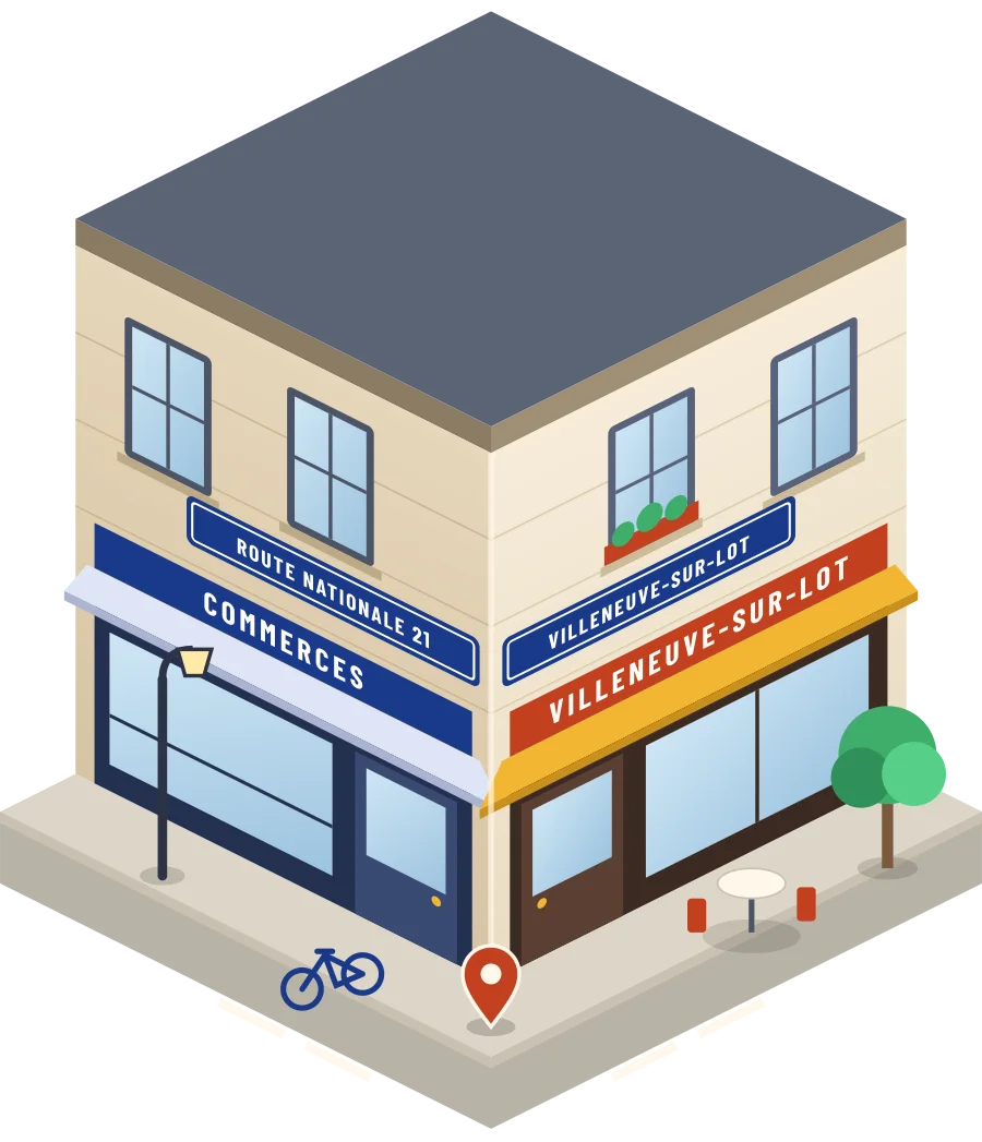 Illustration d'un coin de rue à Villeneuve-sur-Lot, avec la plaque « route Nationale 21 »