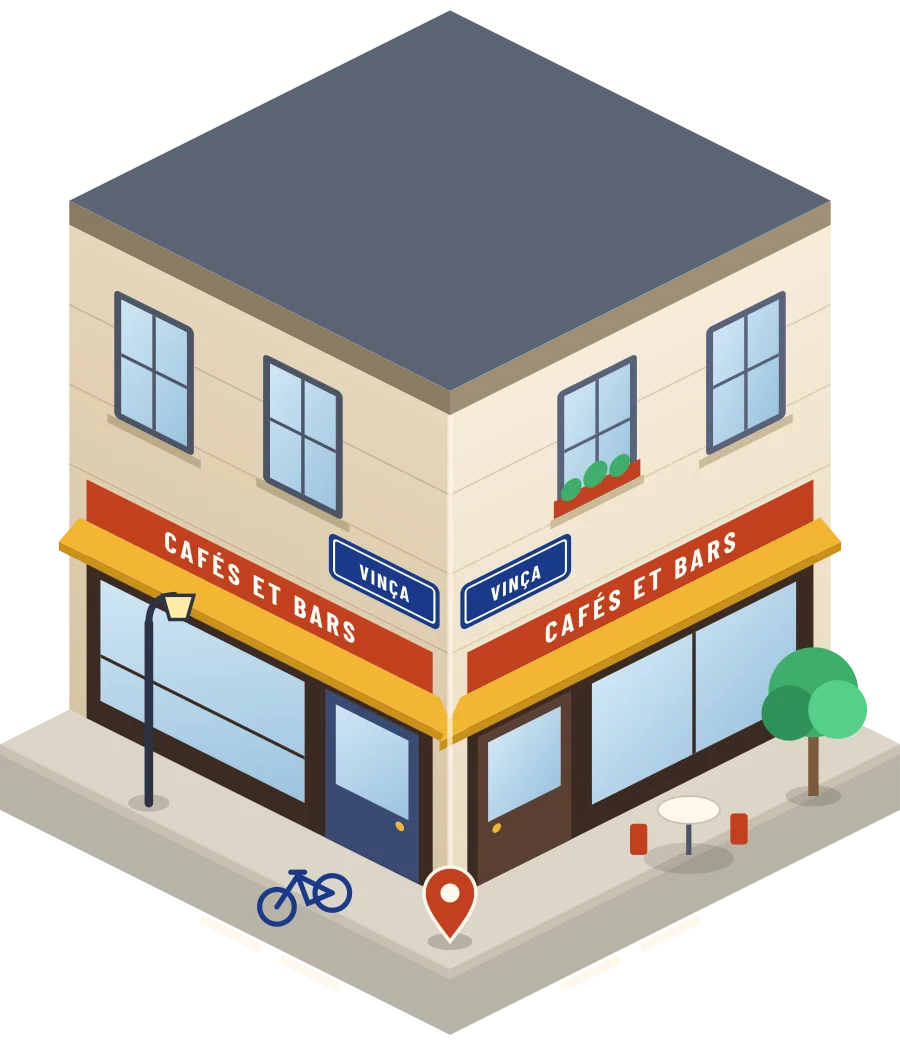 Illustration d'un coin de rue à Vinça : deux devantures « Cafés et bars » à l'angle
