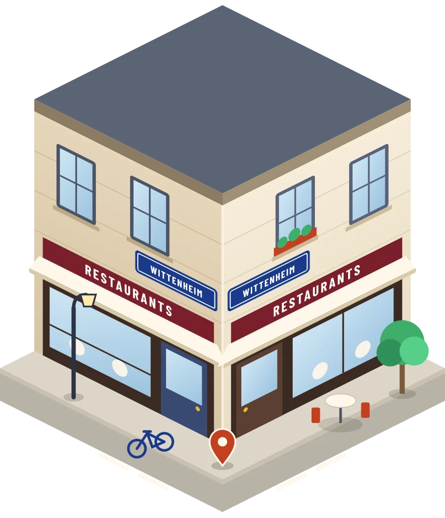 Illustration d'un coin de rue à Wittenheim : deux devantures « Restaurants » à l'angle